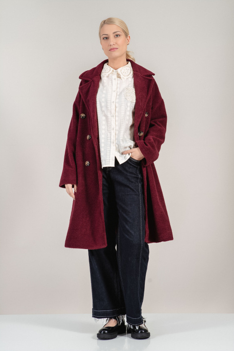 Дамско меко палто в цвят бордо с класическа кройка