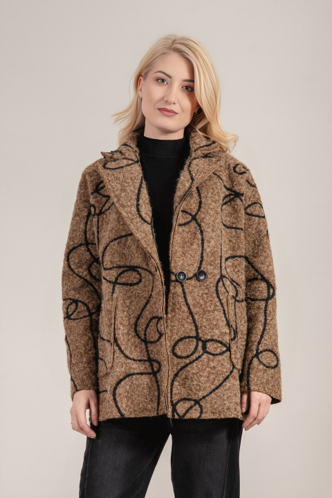Дамско мъхесто палто в цвят тютюн с черен абстрактен принт