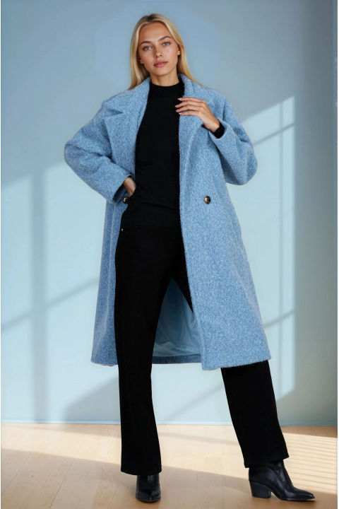 Дамско палто в синьо с лъскав ефект и класическа кройка