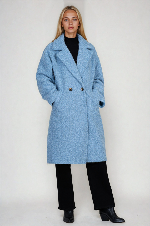 Дамско палто в синьо с лъскав ефект и класическа кройка