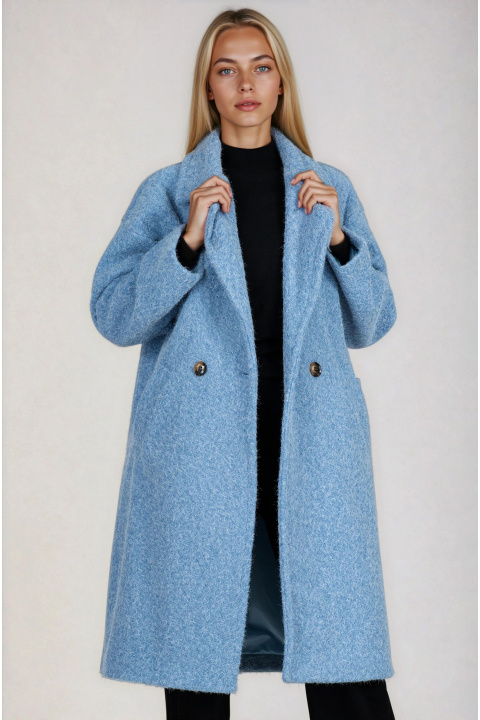 Дамско палто в синьо с лъскав ефект и класическа кройка