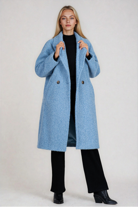 Дамско палто в синьо с лъскав ефект и класическа кройка