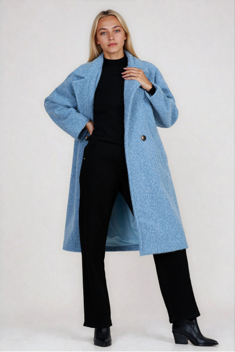 Дамско палто в синьо с лъскав ефект и класическа кройка