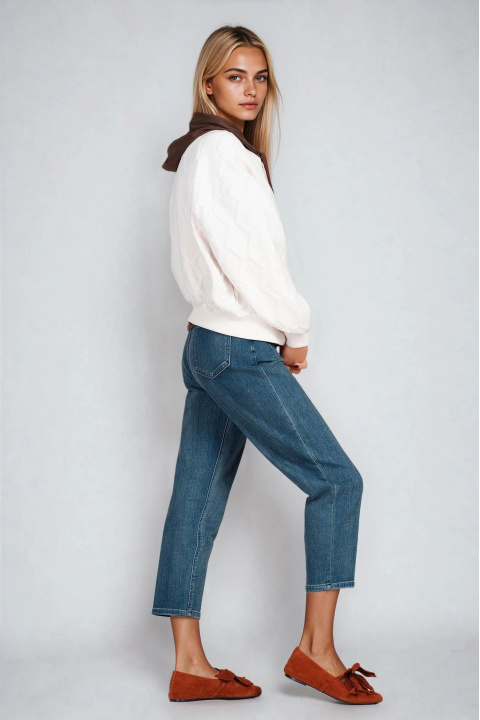 Дамско плетено яке от памук в цвят ванилия с релефна текстура