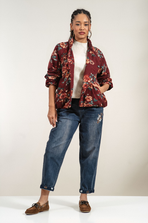 Дамско преходно яке от памук в цвят бордо и флорален принт