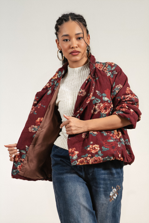 Дамско преходно яке от памук в цвят бордо и флорален принт