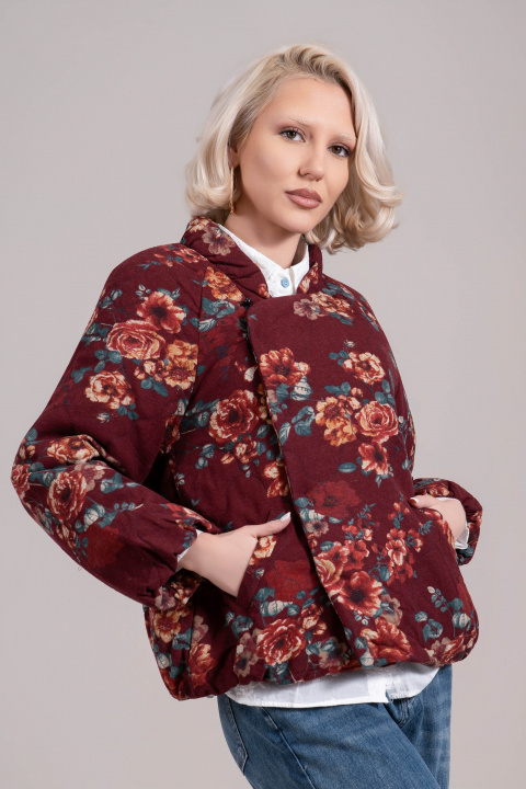 Дамско преходно яке от памук в цвят бордо и флорален принт