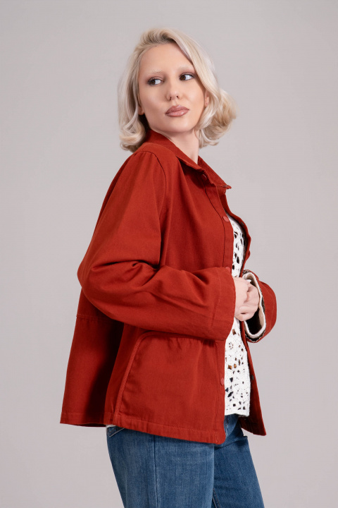 Дамско преходно яке от памук в цвят керемида с тик-так закопчаване