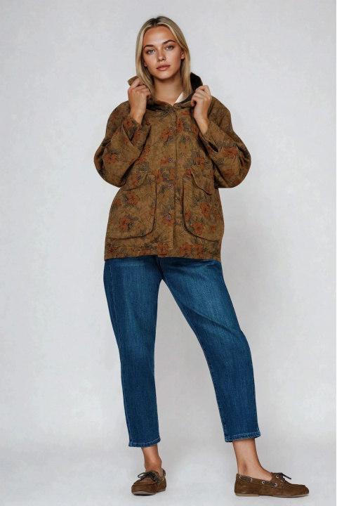 Дамско преходно яке от памук в цвят милитъри с цветен принт и качулка