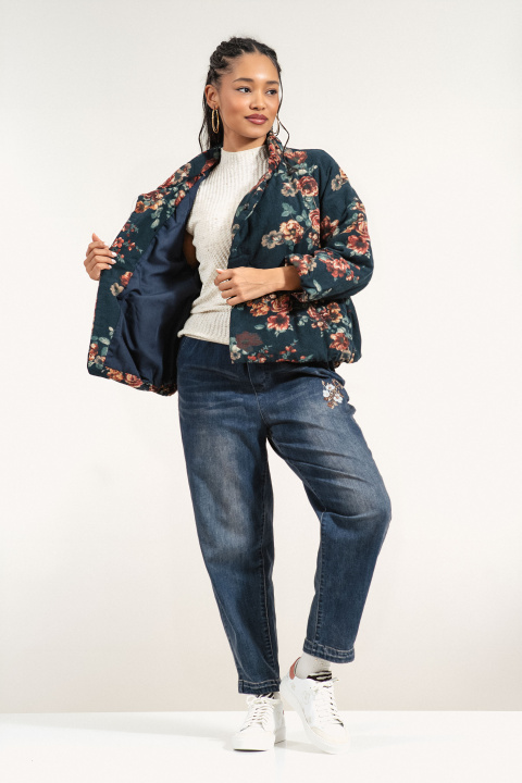 Дамско преходно яке от памук в цвят петрол и флорален принт