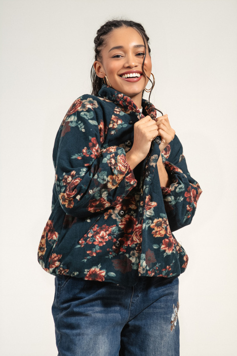 Дамско преходно яке от памук в цвят петрол и флорален принт