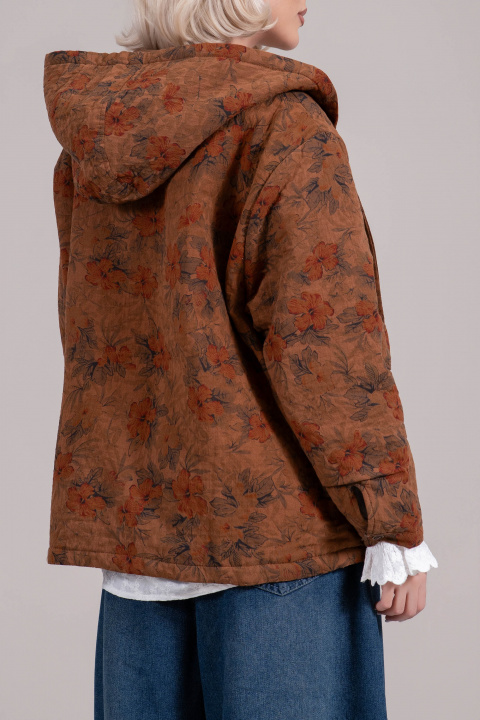 Дамско преходно яке от памук в кафяво с цветен принт и качулка