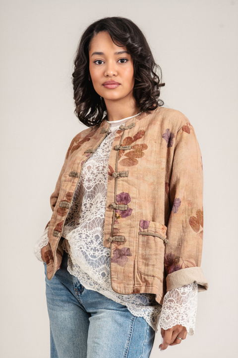 Дамско преходно яке от памук в светлокафяво с флорален принт