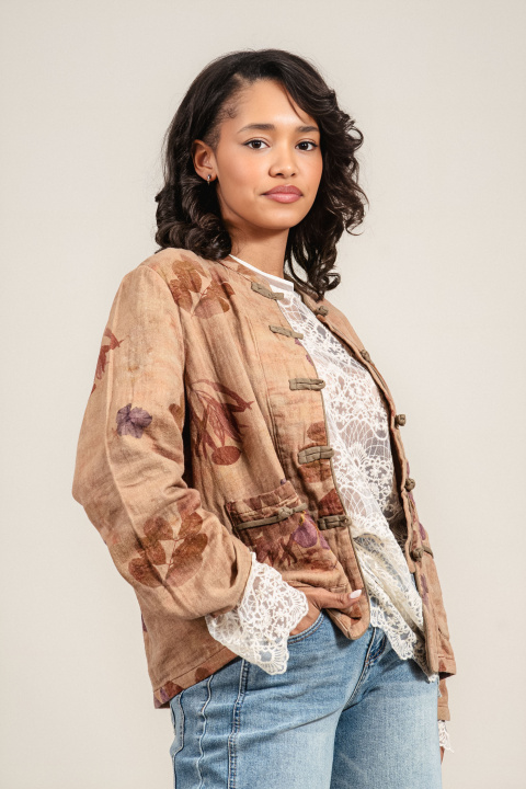 Дамско преходно яке от памук в светлокафяво с флорален принт