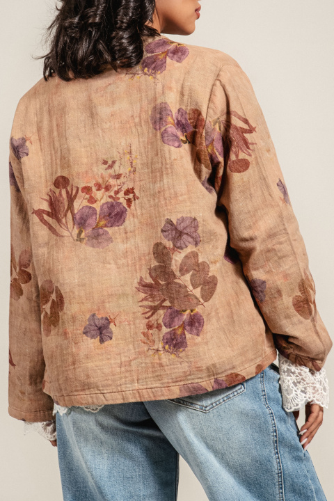 Дамско преходно яке от памук в светлокафяво с флорален принт