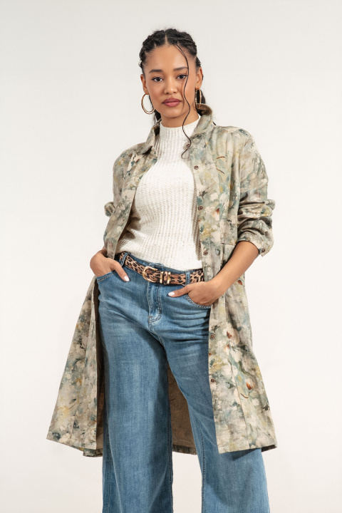 Дамско пролетно палто от памук с флорален принт в зелено и бежово