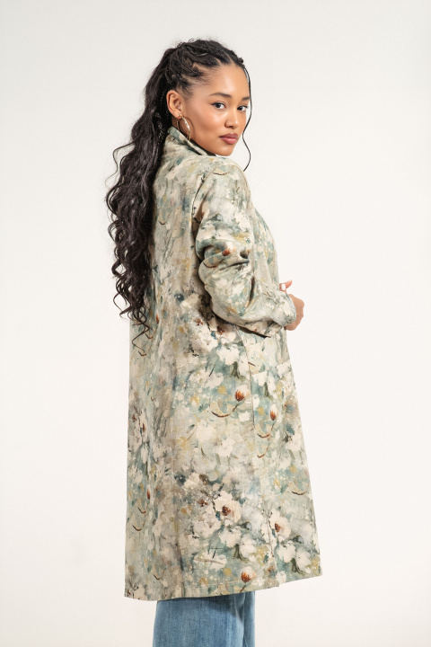 Дамско пролетно палто от памук с флорален принт в зелено и бежово