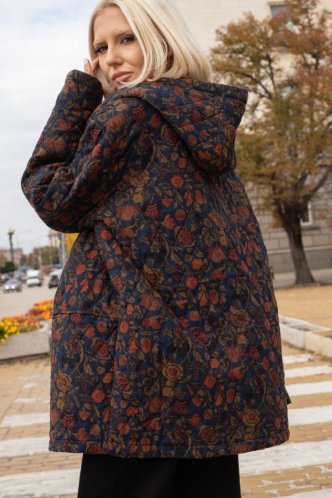 Дамско синьо преходно яке с качулка и флорален принт в червено и кафяво