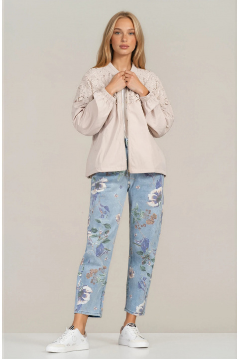 Дамско яке с флорална дантела в светлобежово с връзки за пристягане