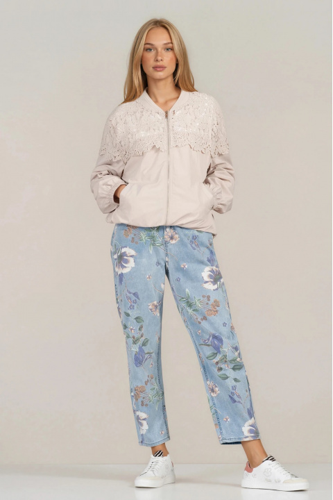 Дамско яке с флорална дантела в светлобежово с връзки за пристягане