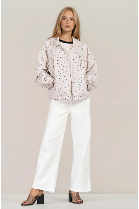 Дамско яке с качулка и връзки в светлобежово със ситен флорален десен