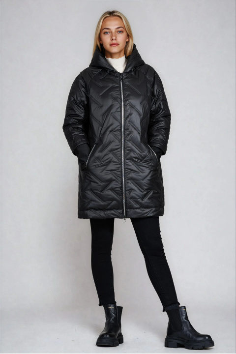 Дамско яке с удължена кройка в черно и декоративни капитонирани ленти