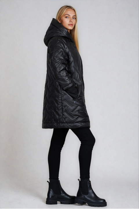 Дамско яке с удължена кройка в черно и декоративни капитонирани ленти