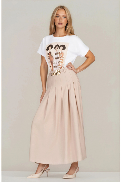 Дълга пола в бежово с декоративен колан