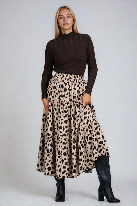 Дълга пола в бежово с намачкан ефект и леопардов принт