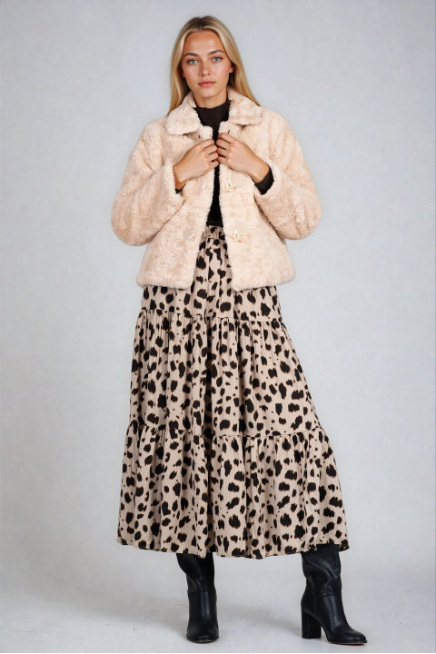 Дълга пола в бежово с намачкан ефект и леопардов принт