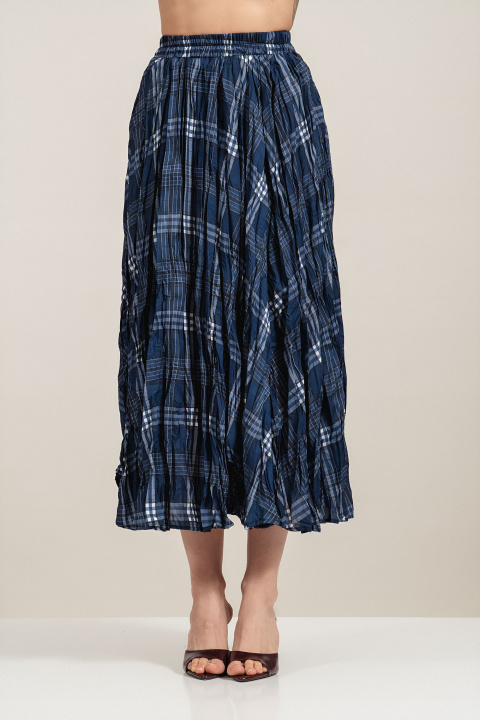 Дълга пола в синьо с намачкан ефект и кариран принт