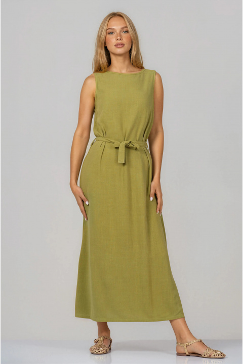 Дълга рокля от памук в цвят лайм без ръкав