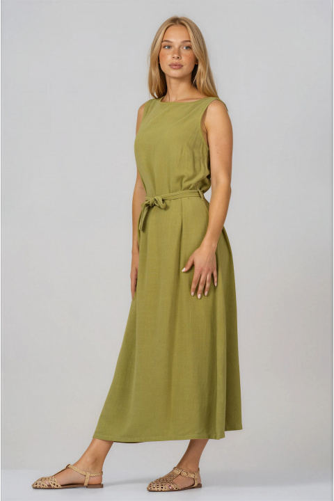 Дълга рокля от памук в цвят лайм без ръкав