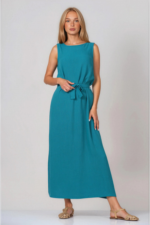 Дълга рокля от памук в цвят тюркоаз без ръкав