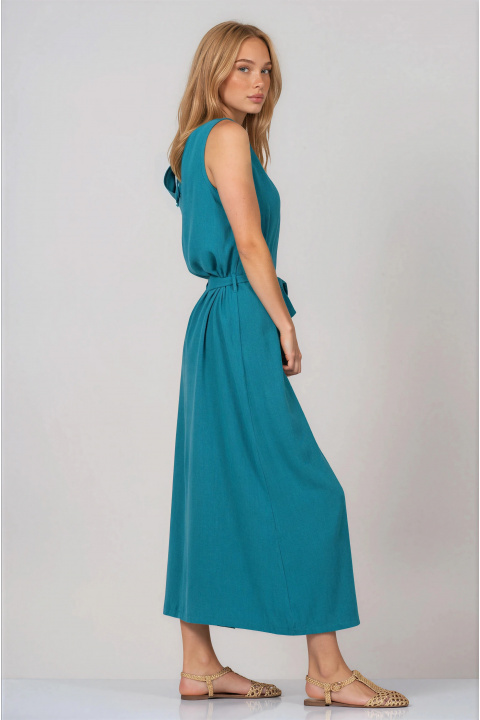 Дълга рокля от памук в цвят тюркоаз без ръкав