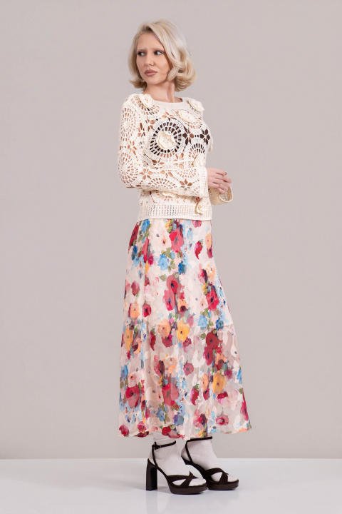 Ефирна пола в светлобежово с флорален принт в ярки цветове