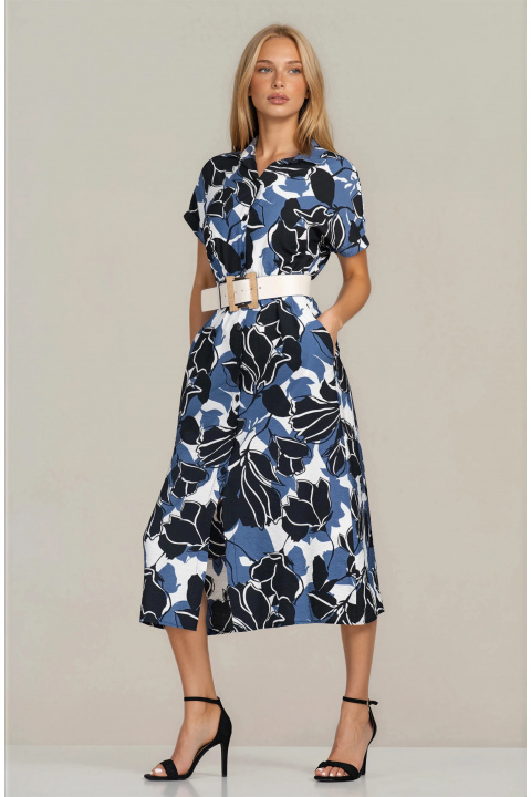 Елегантна миди бутикова рокля с колан на талията и флорален принт в сино и бяло