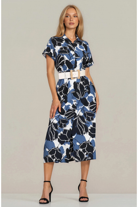 Елегантна миди бутикова рокля с колан на талията и флорален принт в сино и бяло