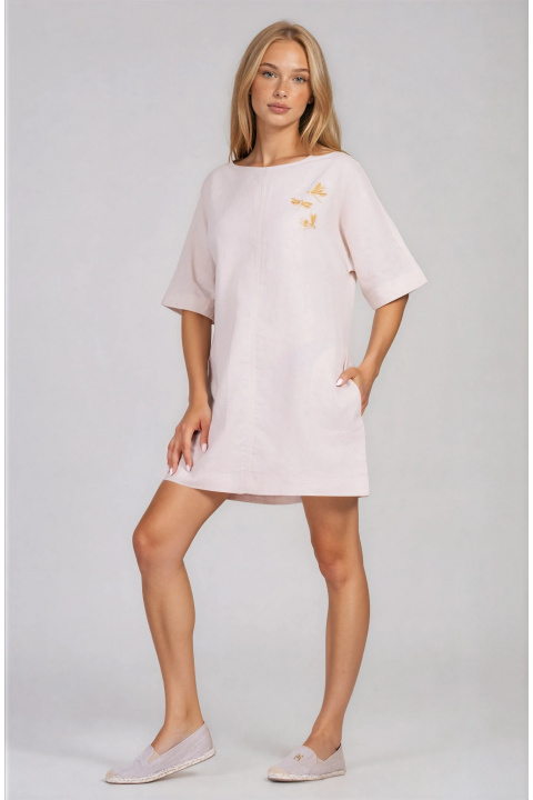 Къса рокля ''Dragonfly'' от лен и памук в бежово с бродирани водни кончета