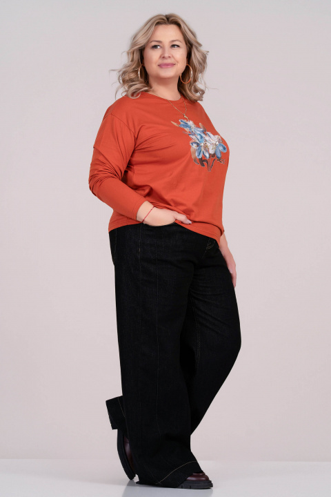 МАКСИ блуза от памук в оранжево с апликирани цветя