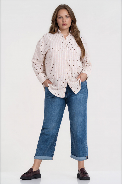 МАКСИ бежова раирана риза от памук с апликирани кафяви велурени сърца