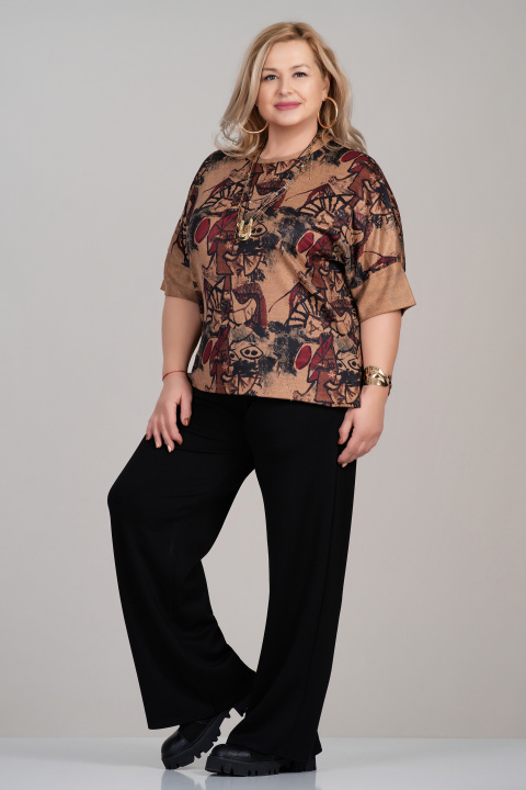 Макси блуза от фино плетиво в бежово с абстрактен принт в черно и бордо