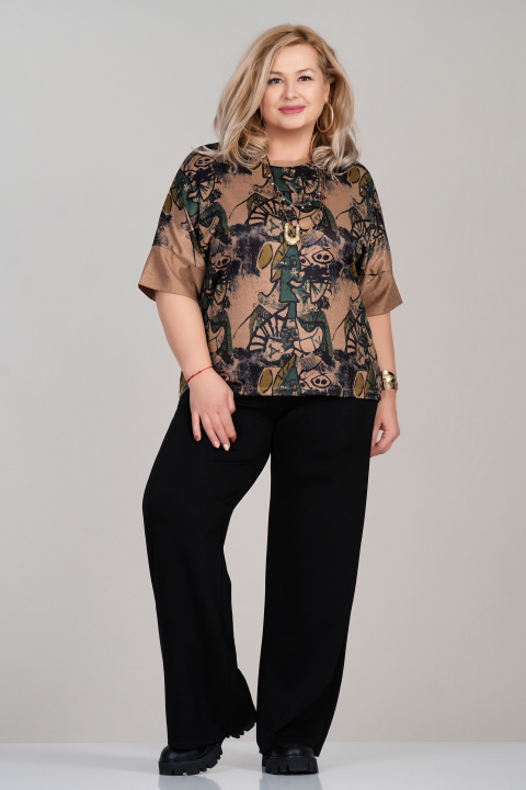 Макси блуза от фино плетиво в бежово с абстрактен принт в черно и зелено