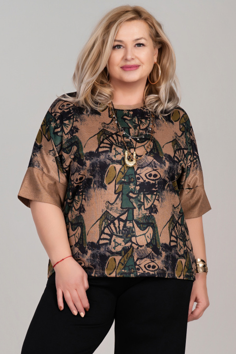 Макси блуза от фино плетиво в бежово с абстрактен принт в черно и зелено