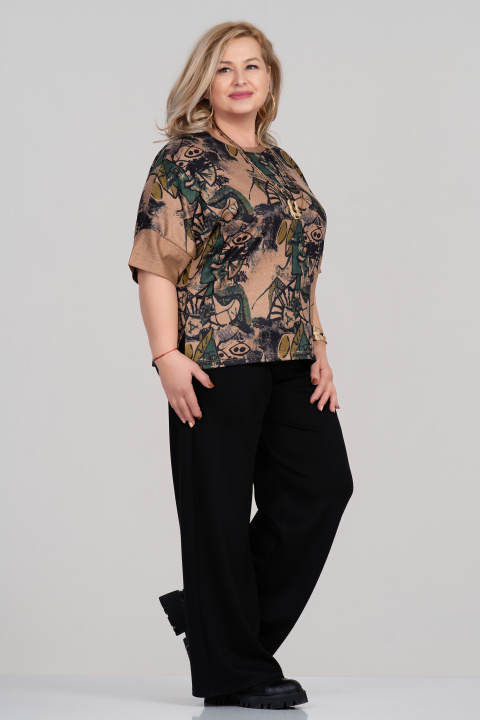 Макси блуза от фино плетиво в бежово с абстрактен принт в черно и зелено