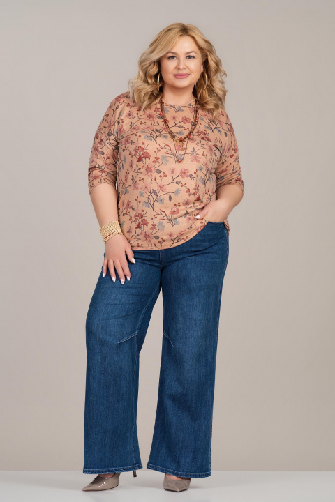 Макси блуза от фино плетиво в бежово с флорален принт