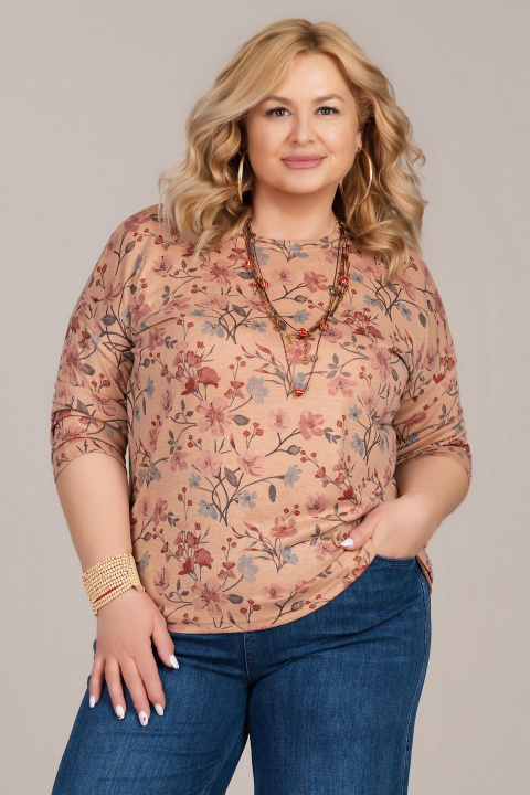 Макси блуза от фино плетиво в бежово с флорален принт