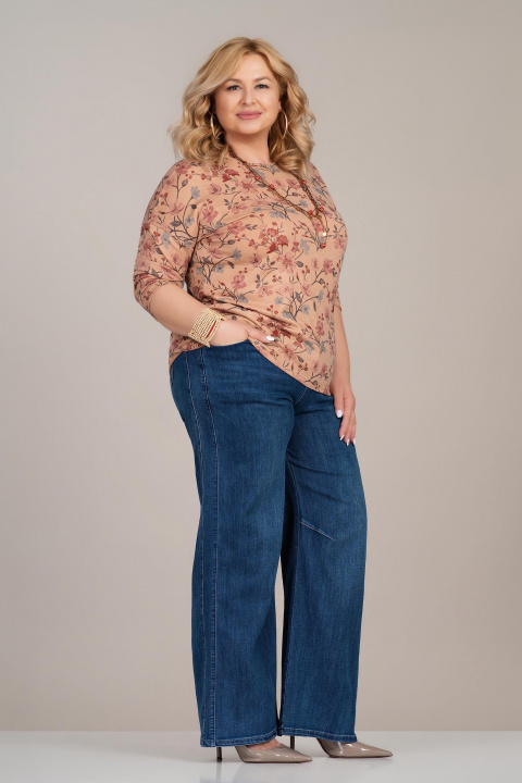 Макси блуза от фино плетиво в бежово с флорален принт