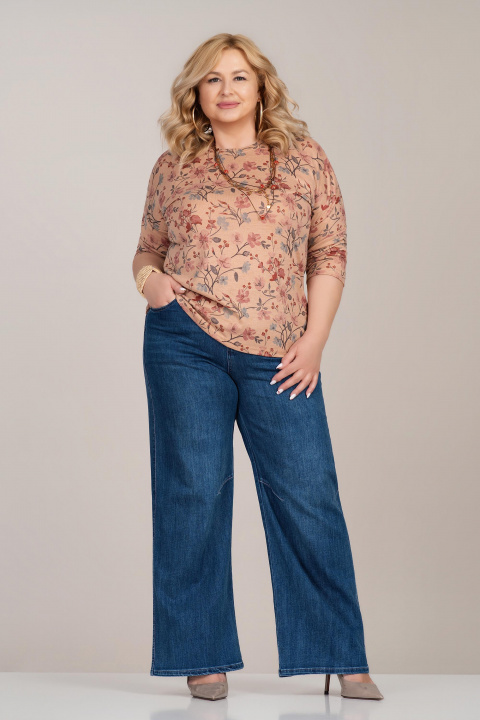 Макси блуза от фино плетиво в бежово с флорален принт