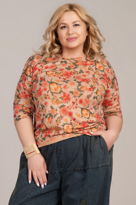 Макси блуза от фино плетиво в бежово с флорален принт в жълто, оранжево и червено